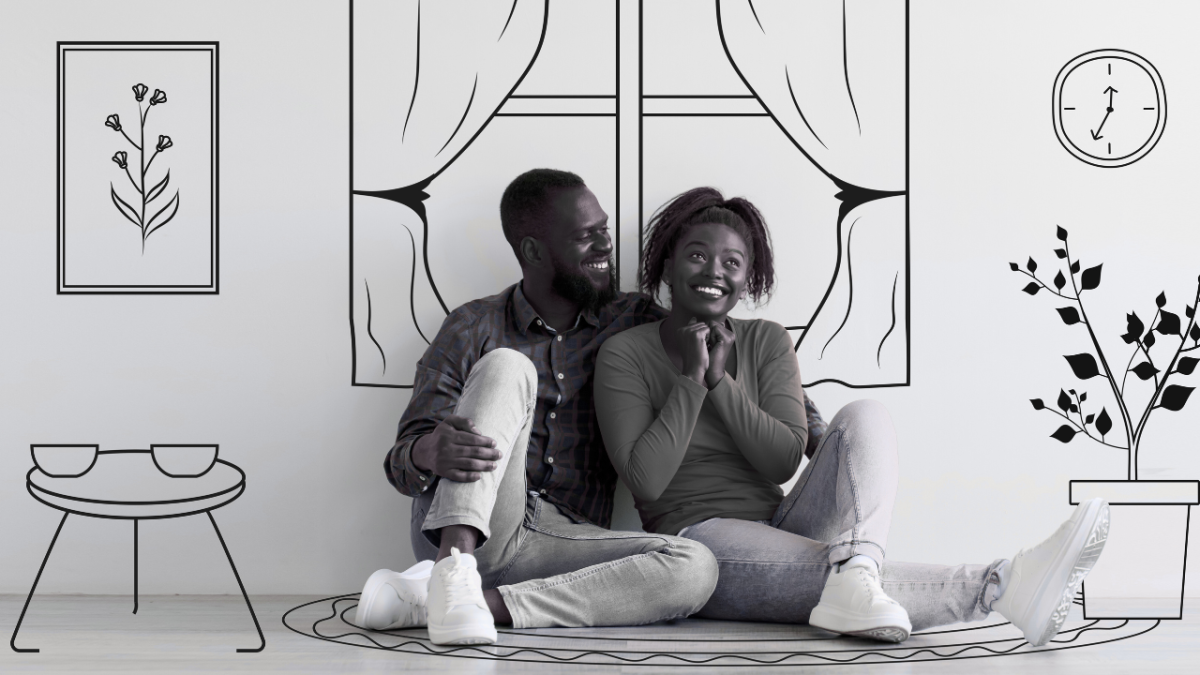 A young black man and woman sitting in a drawn home, imagining their future home. 